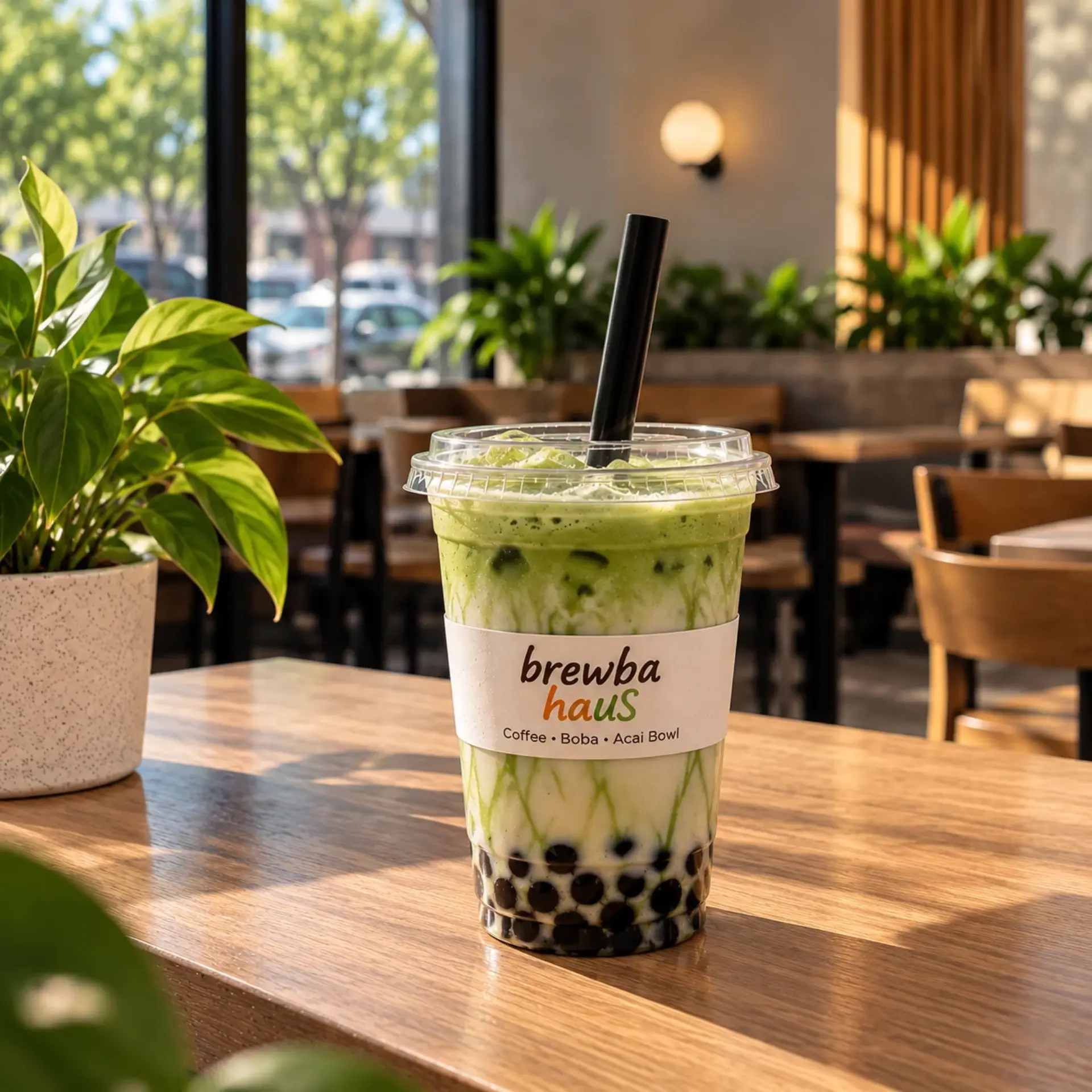 Creamy iced boba tea with chewy pearls, coffee beans, and ice